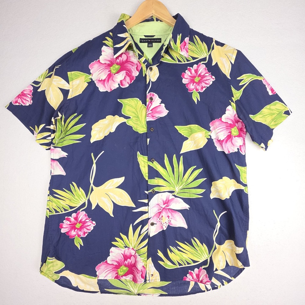 Tommy Hilfiger Mens‎ Button Up Hawaiian Shirt Short Sleeve XL Blue Floral Cotton